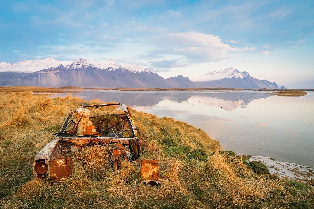 Abandoned Car in Mountain Landscape Iceland Photography