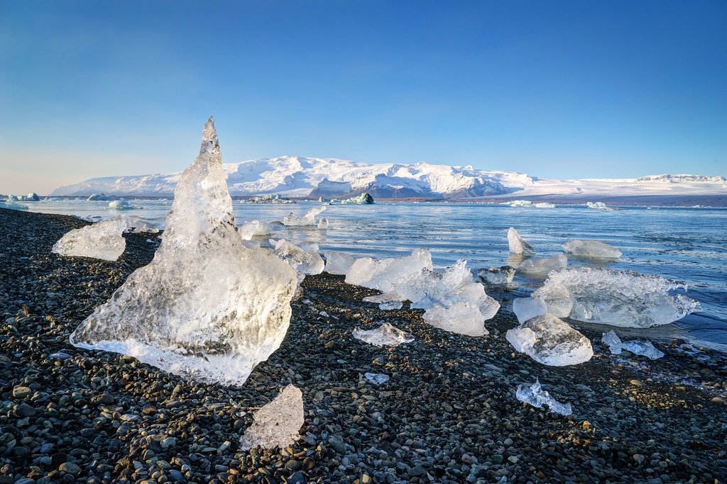 Shiny Diamonds of Ice on the Beach Ice at Jokulsarlon Lagoon