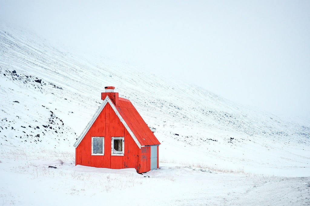 Small Mountain Hut in the Snow Iceland Mountain Cabin